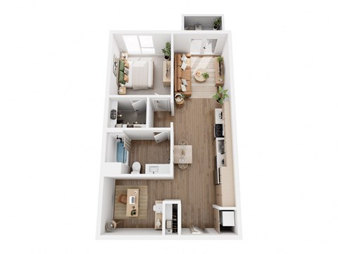 A top-down view of a small apartment with a kitchen, living room, and bedroom.